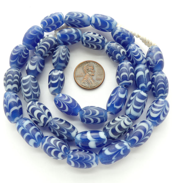 Indonesia, Blue and White Feathered Beads 16x10mm on 21-inch Strand