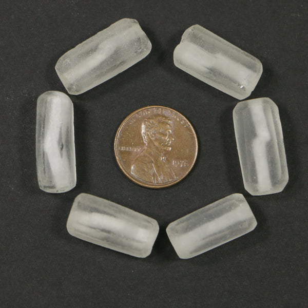 Indonesia, Recycled Glass Beads, Clear Matte Cornerless Square Cylinders, 20x9mm, Set of 6