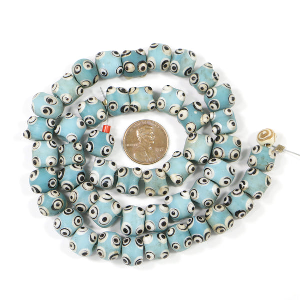 Indonesia, Light Blue Oblate Beads with Black & White Raised Eye Designs, Sets of 4