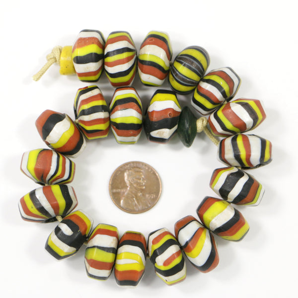 Indonesia, Striped Glass in Lime, Brick, Black and Off-White, 20mm Diameter, 9-inch Strand