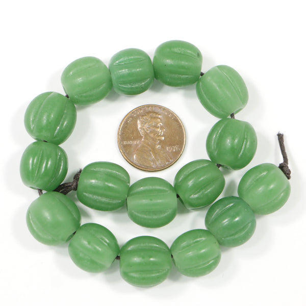 Indonesia, Melon Beads, Green 14mm Diameter on a Short Strand of 16 Beads
