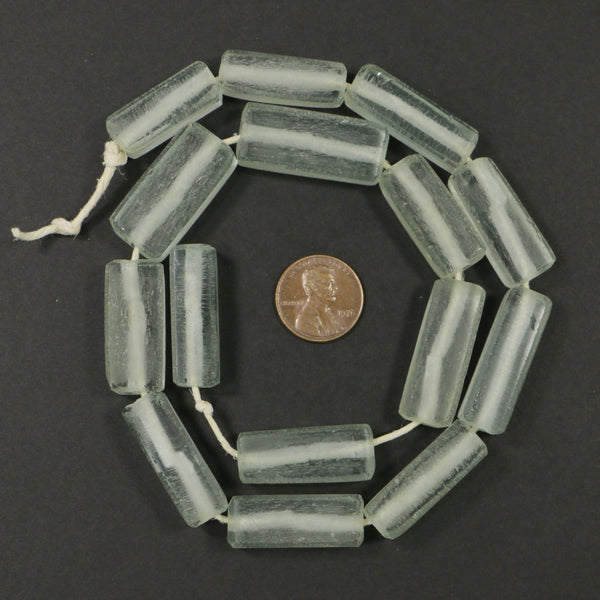 Indonesia, Recycled Glass, Clear Four-Sided Cylinders 30x10mm, Sold in Sets of 3