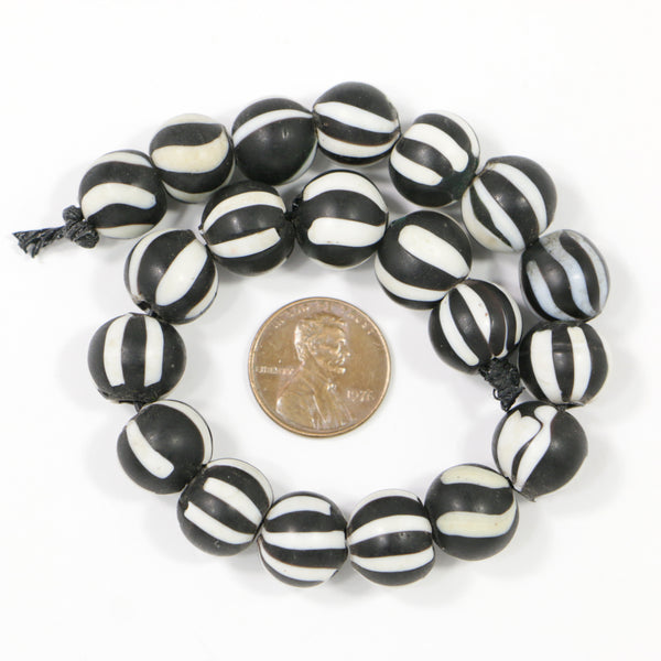 Indonesia, Black & White Striped Round Glass Beads, 12mm Diameter, Sets of 5 Beads