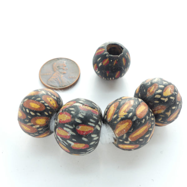 Indonesia, Jatim Replica Bead 12x17mm, Black w/ Brick, Amber &  White Decor, Sold Individually