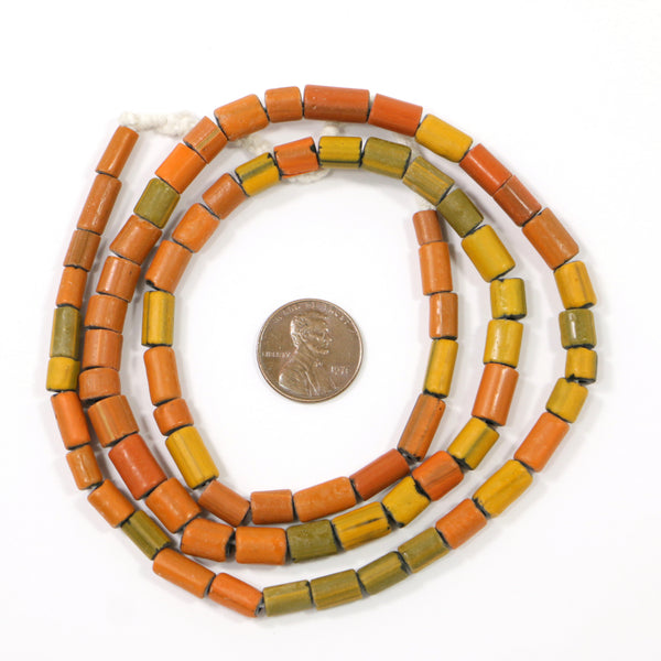 Indonesia, Pumpkin & Mustard Color Cylinder Beads, 4-5mm Diameter, 7-12mm Long on 23-inch Strands