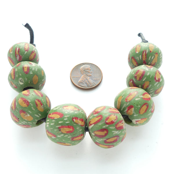 Indonesia, More New Jatim aka Majapahit Bead Replicas, Green with Red & Amber, Sold Individually