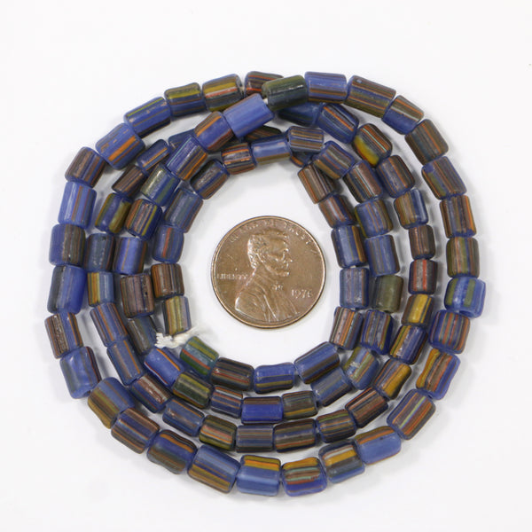 Indonesia, Small Matte Blue Spacer Beads with Brown & Amber Stripes, 4-5mm Diameter on 21 inch Strands