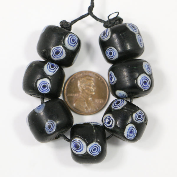 Indonesia, Dark Blue, Large Oblates with Inset Blue and White Bulls Eye Cane Slices, Sets of 2