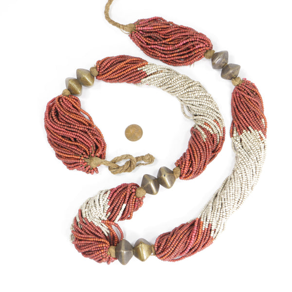 Necklace, Antique Traditional Gond, White Hearts, White Beads Bronze, 42 inches Long