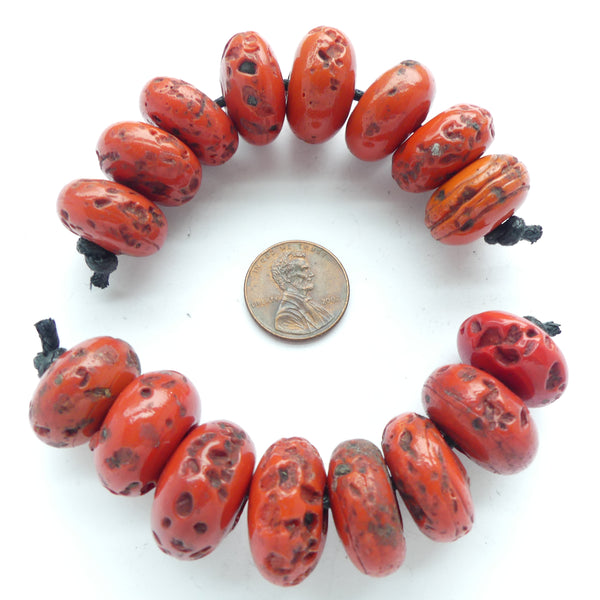Sherpa Coral, Indian Imitations, Pitted Red Glass Oblates, 10x20mm, Sets of 8 Beads