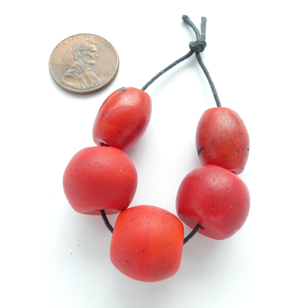 Sherpa Coral, Collector/Designer Set of 5 Tomato Red Glass Beads, Largest 14x15mm
