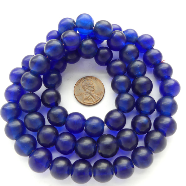 Antique Cobalt Blue Beads, Round 11mm Diameter, Semi-Matte Finish, 24-inch Strand of 58 Perfect Beads