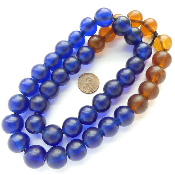 Antique Cobalt & Amber Beads, Round, 16mm Diameter, 26 inch Strand of 42 Beads
