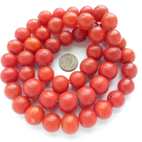Peking Glass, Antique Tomato Red Round Beads, 15-18mm Diameter on 30 inch Strand