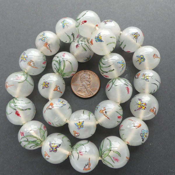 Hollow Vintage Inside Painted Glass Beads, Round with Butterflies and Orchids, 16mm Diameter,  Sets of 2