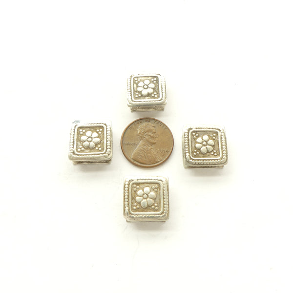 Silver, Afghan, Vintage Square Two-Hole Beads with Flower Design, 15mm, Sold Individually