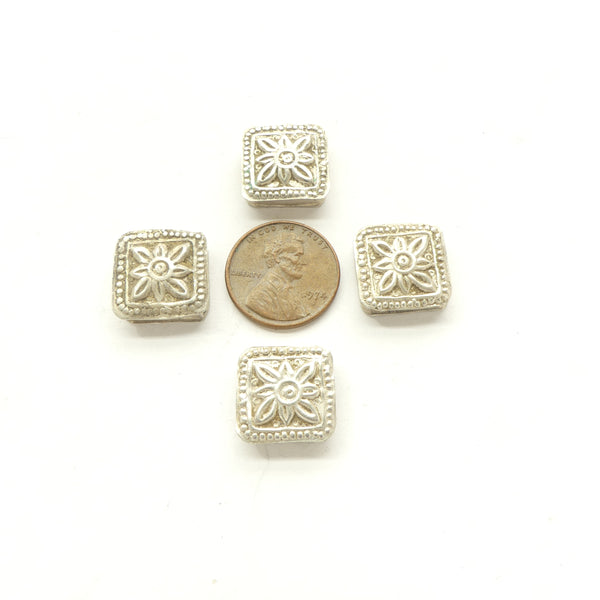 Silver, Afghan Vintage Square Two-Hole Beads, Repousse Designs, 15mm, Sold Individually