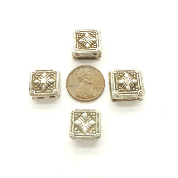Silver, Afghan, Vintage Square Two-Hoel Beads, Diamond Design, 15mm, Sold Individually