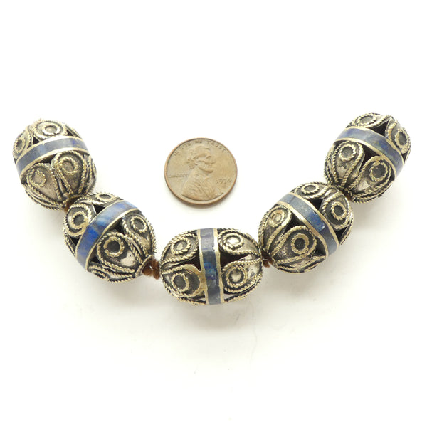 Turkoman, Silver and Lapis Beads, Large Ovals with Filligree Look, 23x17mm