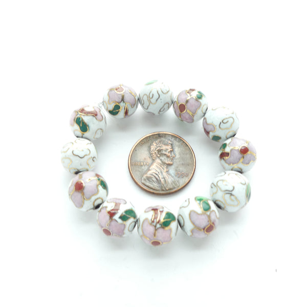 Cloisonne, Vintage Round, White with Pink Flowers, 10mm, Sold Individually