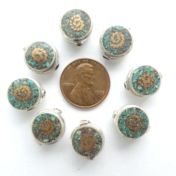 Himalayan, Coin Shape Beads, Silver with Turquoise & Brass Inlay, 12mm Diameter, Sold in Pairs