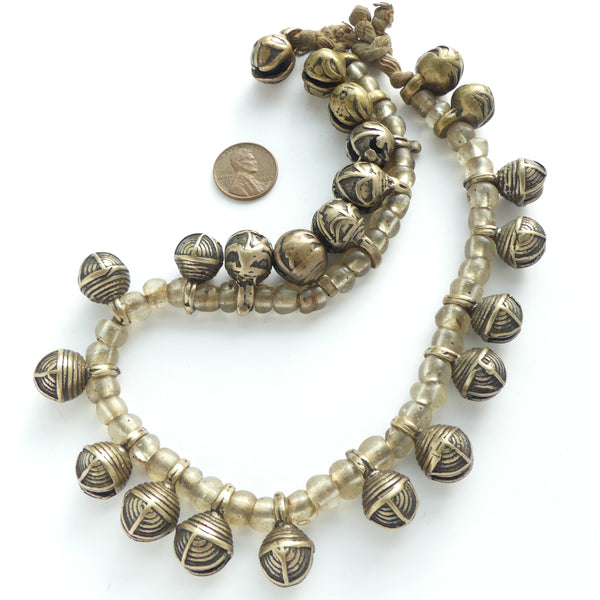 Brass,  Antique Burmese (Myanmar) Lost Wax Cast Bells, with Clear Glass Beads, 15 inches