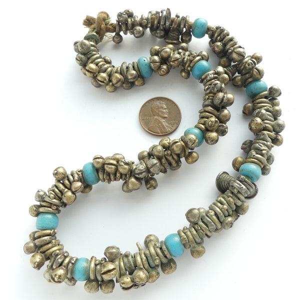 Bronze, Strand of Antique Thai Rings with Balls and Padre Beads, 17-inch Strand