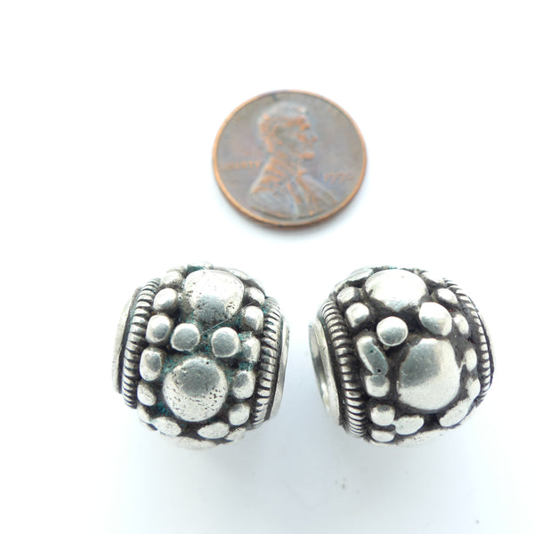 Indian Silver, Antique Large Hole Oblate Beads with Dots, 15x17mm, Sold Individually