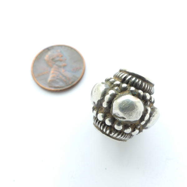 Indian Silver, Antique Large Hole Barrel Shape Bead with Dots, 19x20mm