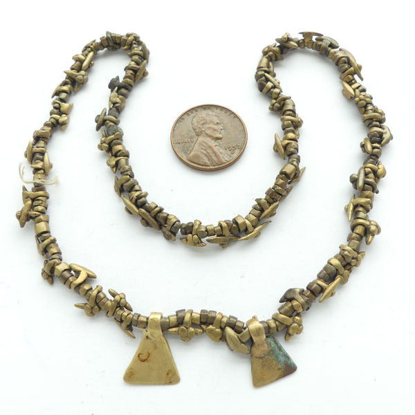 Brass, Gond, Strand of Antique Brass Beads and Mini & Micro Pendants, 14-inches