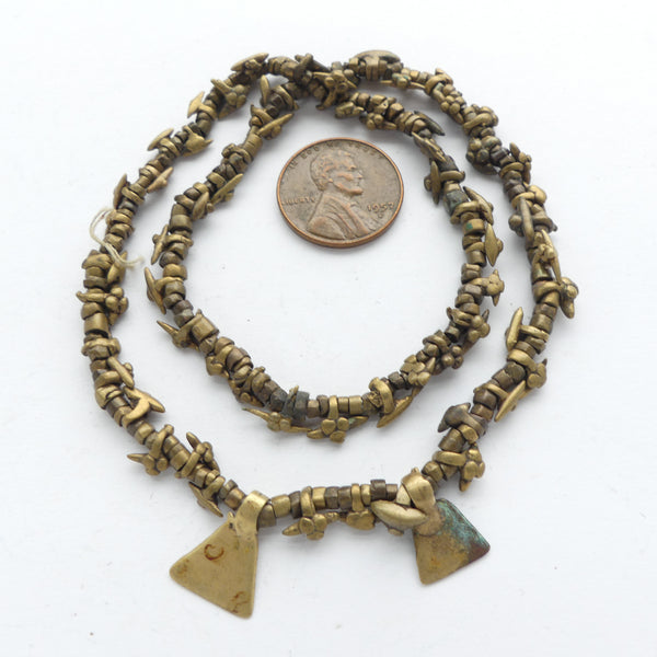 Brass, Gond, Strand of Antique Brass Beads and Mini & Micro Pendants, 14-inches