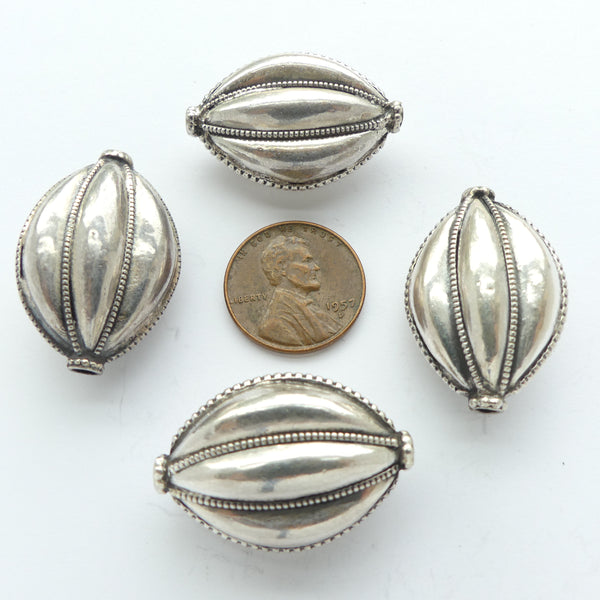 Indian Silver, Puffy Oval Melons with Granulation, 30x20x12mm, Sold Individually
