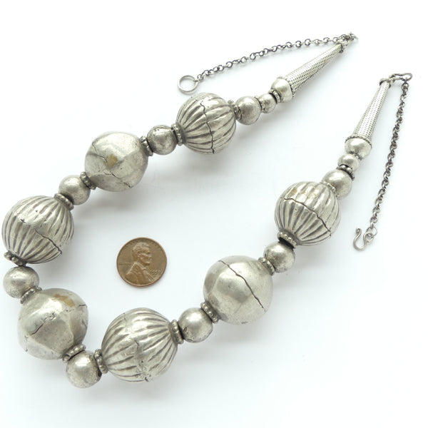 Indian Silver, Vintage Necklace of Silver Round and Melon Beads with Terminals & Chain, Beads 15 inches