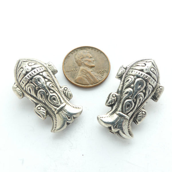Indian Silver, Fish Beads, Repousee Designs on Both Sides, 30x17mm, Sold Individually