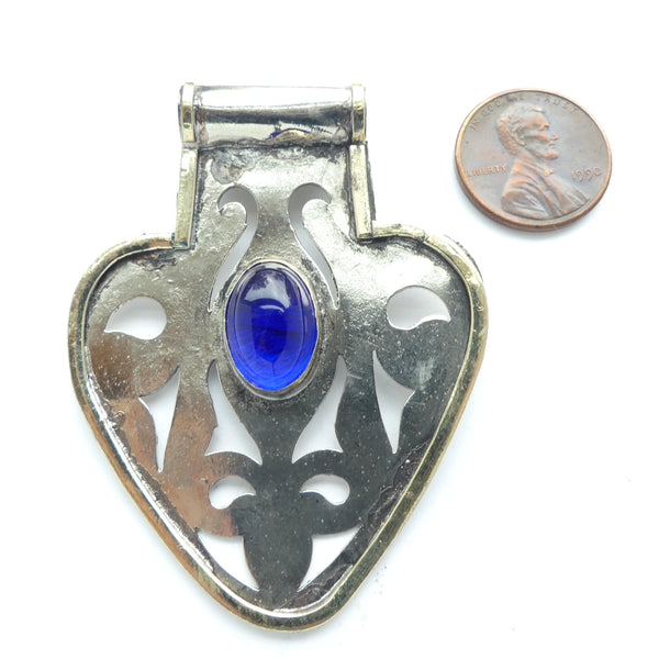 Turkoman Style Heart Shape Openwork Pendant with Blue Glass Cabochon, 45x60mm