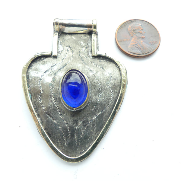 Turkoman Style Heart Shape Pendant, Silver with Blue Glass Cabochon, 40x57mm