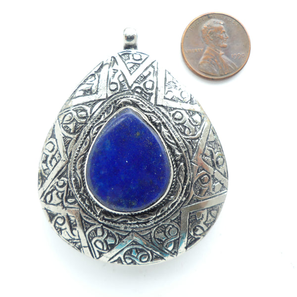 Afghan Teardrop Shape Pendant White Metal with Lapis, 2x2.5 inches