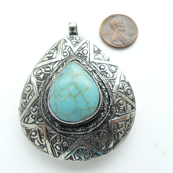 Afghan Contemporary White Metal Teardrop Pendant with Howlite Dyed Turquoise,