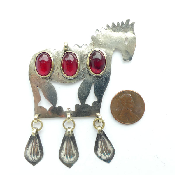 Turkoman Style Silver Horse Shaped Pendant with 3 Red Glass Cabochons, 60mm long