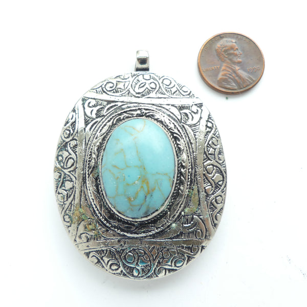Afghan Contemporary Pendants, Oval White Metal with Dyed Turquoise Stone,