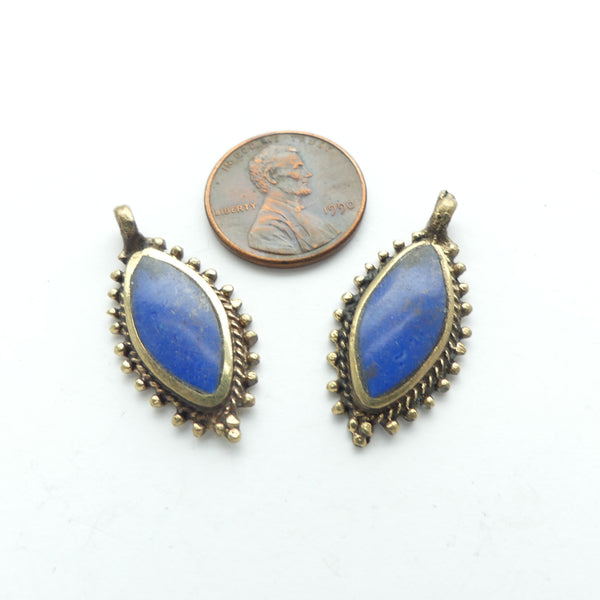 Turkoman Inspired Small Brass Pendants with Lapis Resin, Oval 25mmLong, Sold Individually