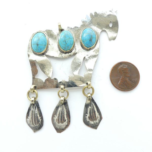 Turkoman Style Silver Horse Pendant with Turquoise Dyed Stone Cabocons, 60mm long