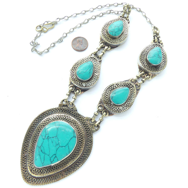 Afghan Necklace/Pendants, Silver with Dyed Turquoise, Largest Pendant 63x79mm