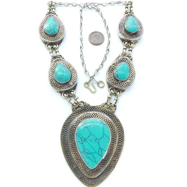Afghan Necklace/Pendants, Silver with Dyed Turquoise, Largest Pendant 63x79mm