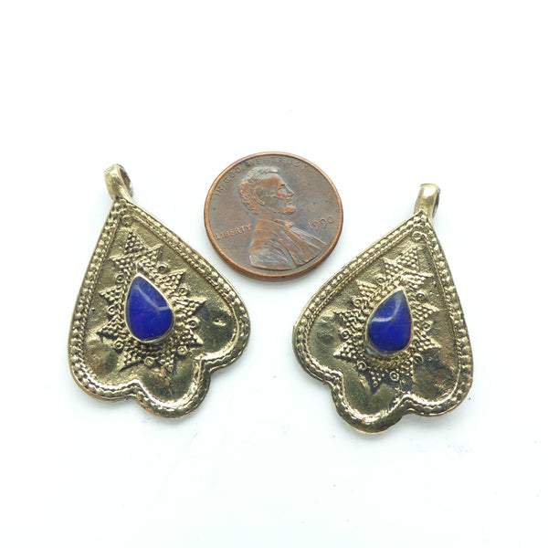 Turkoman Style Small Brass Pendants with Blue Drop in Center, 23x33mm, Sold Individually