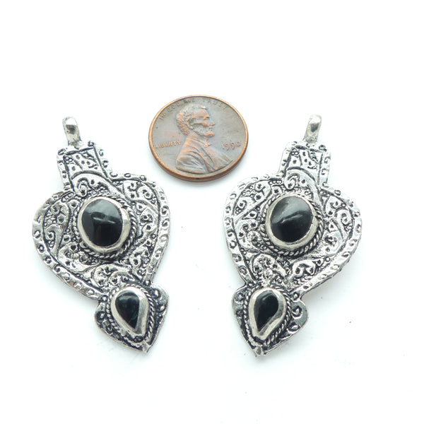 Turkoman Style Small Silver Heart Pendant w/ Engraved Decor, 24x45mm, Sold Individually
