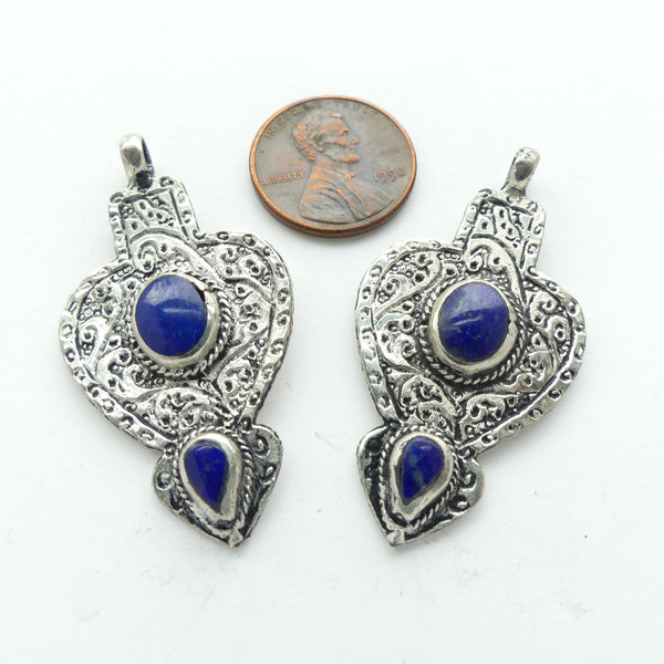 Turkoman Style Small Heart Pendant with Engraving and Blue, 24x45mm, Sold Individually