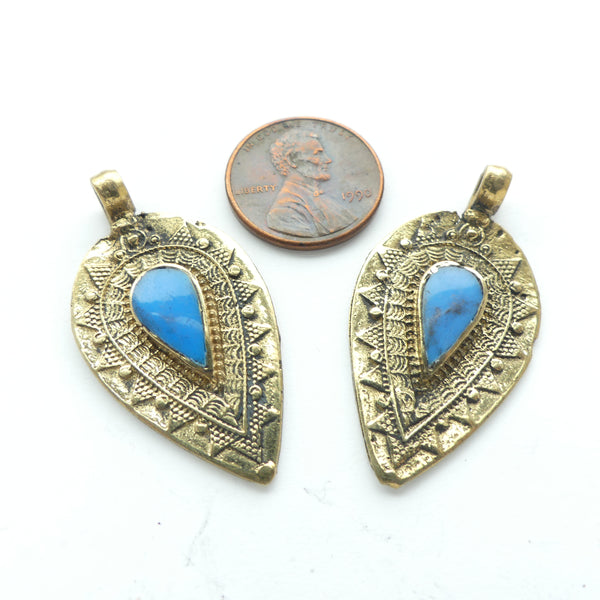 Turkoman Inspired Mini Brass Pendants with Turquoise, 38mm Long, Sold Individually