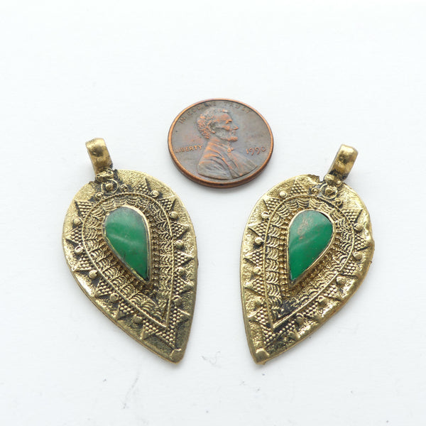 Turkoman Inspired Mini Brass Pendants with Green Stone, 38mm Long, Sold Individually