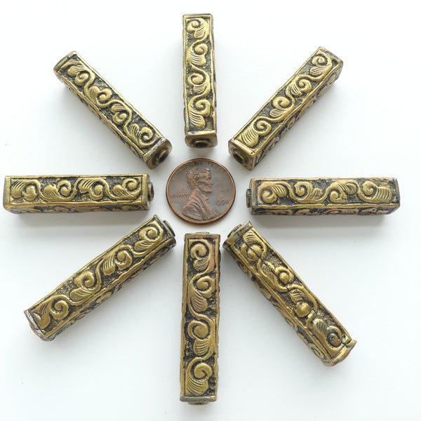 Brass, Himalayan Repousse Square Tubes, Vine Designs, 40x10mm Sold Individually